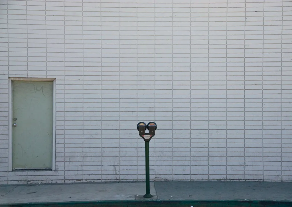 a photo of a double-headed parking meter in front of a wall made of rectangular white bricks with a single pale green door
